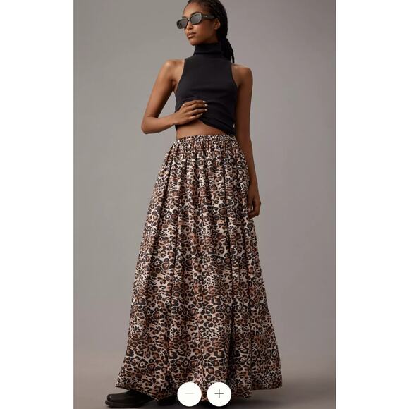 NEW Anthropologie Leopard Print Bubble Hem Maxi Skirt XS Brown Pattern A-line